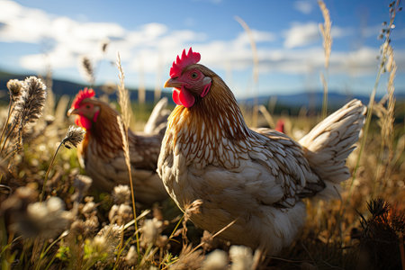 chickens exploring the farm, roaming freely in a grassy field,Generated with AIの素材