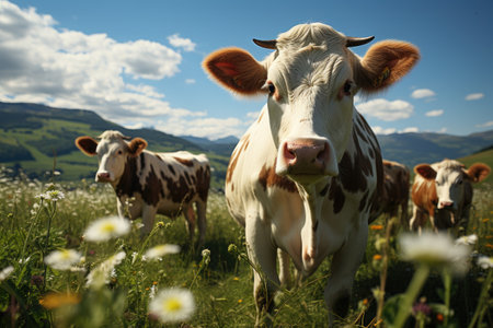 A cowherd raises cows happily farm wide pasture. products from cows for sale meat , milk, cheese, butterの素材