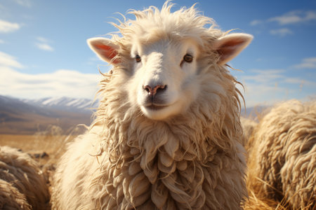Farmers raise sheep with great joy, in farms, shear sheep to sell in market, farm scene with happy sheepの素材