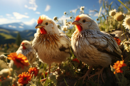 chickens exploring the farm, roaming freely in a grassy field,Generated with AIの素材