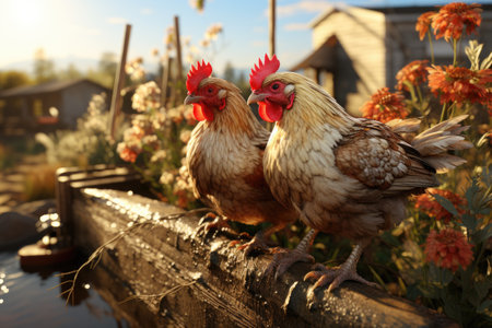 chickens exploring the farm, roaming freely in a grassy field,Generated with AIの素材