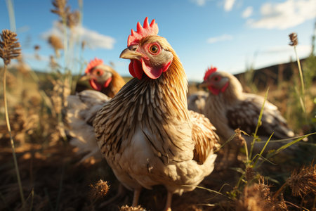 chickens exploring the farm, roaming freely in a grassy field,Generated with AIの素材