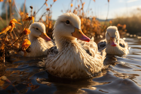 Farmer feeding the ducks by the pond.Duck coop with ducks resting inside at farm,Generated with AIの素材