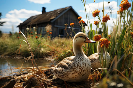 Farmer feeding the ducks by the pond.Duck coop with ducks resting inside at farm,Generated with AIの素材
