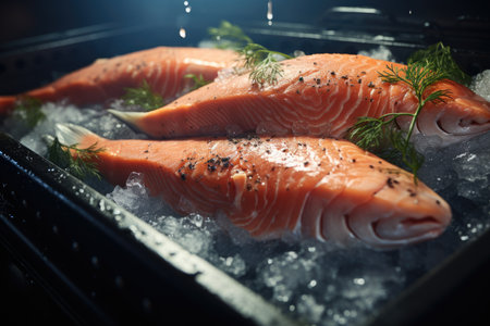Fishermen cultivate and research salmon in organic farms, catch salmon to sell in market, dishes in restaurants.の素材