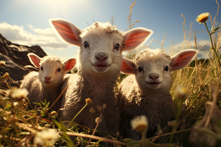 Farmers raise sheep with great joy, in farms, shear sheep to sell in market, farm scene with happy sheepの素材