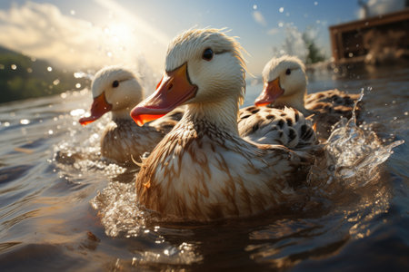 Farmer feeding the ducks by the pond.Duck coop with ducks resting inside at farm,Generated with AIの素材