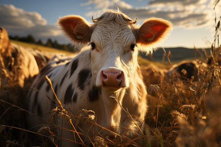 A cowherd raises cows happily farm wide pasture. products from cows for sale meat , milk, cheese, butterの素材