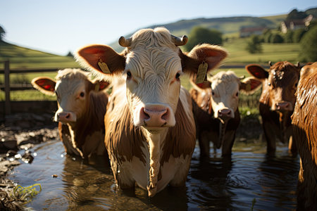 A cowherd raises cows happily farm wide pasture. products from cows for sale meat , milk, cheese, butterの素材