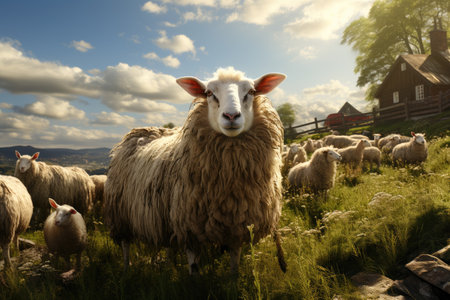 Farmers raise sheep with great joy, in farms, shear sheep to sell in market, farm scene with happy sheepの素材