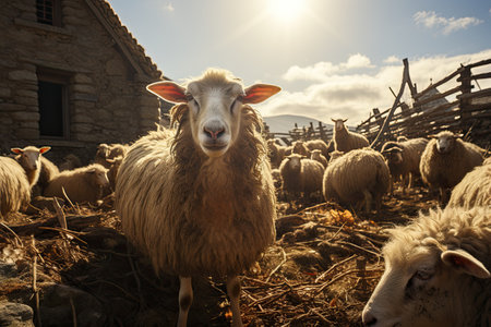 Farmers raise sheep with great joy, in farms, shear sheep to sell in market, farm scene with happy sheepの素材