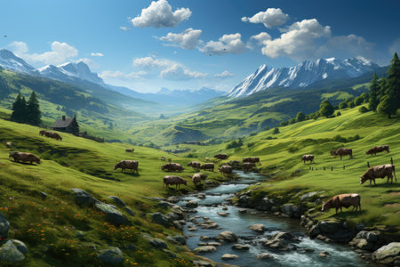 A cowherd raises cows happily farm wide pasture. products from cows for sale meat , milk, cheese, butterの素材