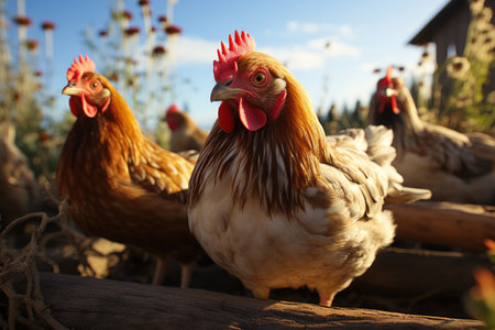 chickens exploring the farm, roaming freely in a grassy field,Generated with AIの素材