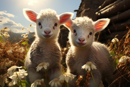 Farmers raise sheep with great joy, in farms, shear sheep to sell in market, farm scene with happy sheepの素材