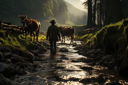 A cowherd raises cows happily farm wide pasture. products from cows for sale meat , milk, cheese, butterの素材