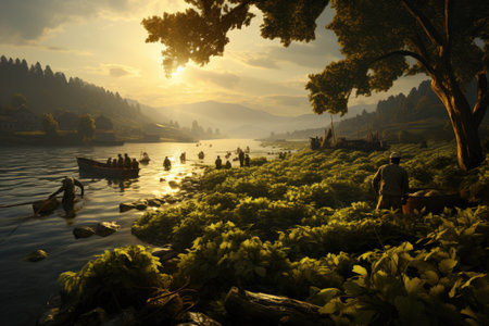 Fishermen raise fish in farms with great joy and catch fish to sell in the market.の素材