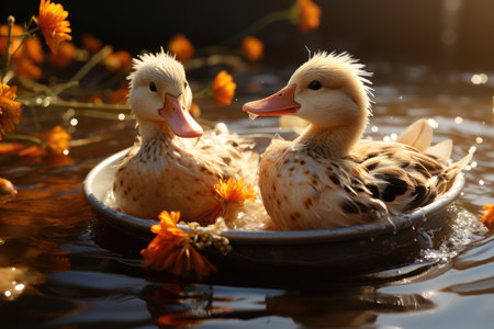 Farmer feeding the ducks by the pond.Duck coop with ducks resting inside at farm,Generated with AIの素材