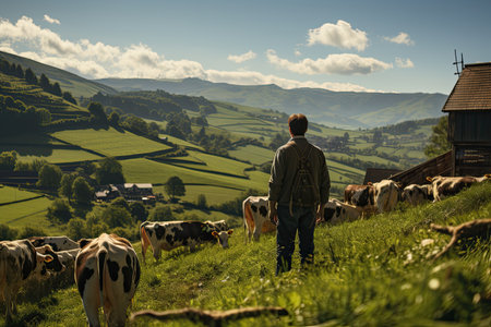 A cowherd raises cows happily farm wide pasture. products from cows for sale meat , milk, cheese, butterの素材