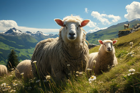 Farmers raise sheep with great joy, in farms, shear sheep to sell in market, farm scene with happy sheepの素材