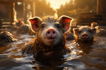 Farmers raise pigs, breed conduct organic research pigs in farms, pigs sell in market, food in restaurantsの素材