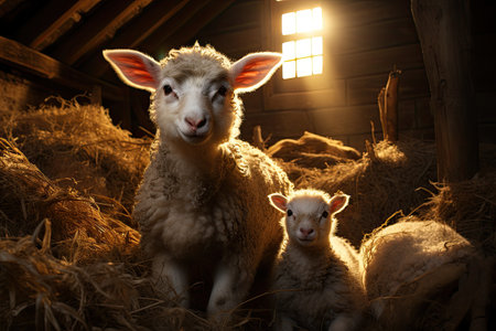Farmers raise sheep with great joy, in farms, shear sheep to sell in market, farm scene with happy sheepの素材