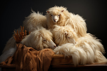 Farmers raise sheep with great joy, in farms, shear sheep to sell in market, farm scene with happy sheepの素材