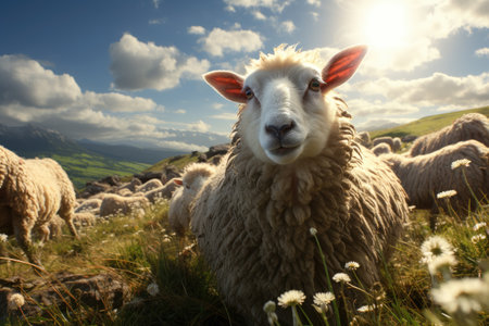 Farmers raise sheep with great joy, in farms, shear sheep to sell in market, farm scene with happy sheepの素材