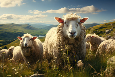 Farmers raise sheep with great joy, in farms, shear sheep to sell in market, farm scene with happy sheepの素材