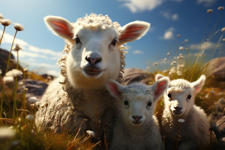 Farmers raise sheep with great joy, in farms, shear sheep to sell in market, farm scene with happy sheepの素材