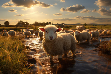 Farmers raise sheep with great joy, in farms, shear sheep to sell in market, farm scene with happy sheepの素材