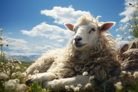 Farmers raise sheep with great joy, in farms, shear sheep to sell in market, farm scene with happy sheepの素材