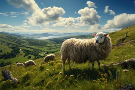 Farmers raise sheep with great joy, in farms, shear sheep to sell in market, farm scene with happy sheepの素材