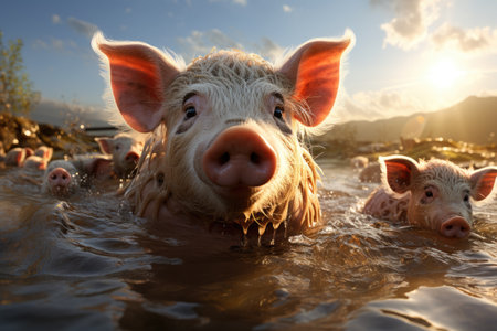 Farmers raise pigs, breed conduct organic research pigs in farms, pigs sell in market, food in restaurantsの素材