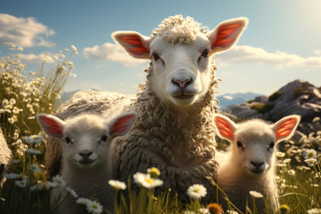 Farmers raise sheep with great joy, in farms, shear sheep to sell in market, farm scene with happy sheepの素材