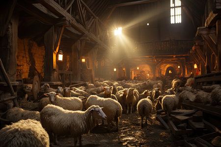 Farmers raise sheep with great joy, in farms, shear sheep to sell in market, farm scene with happy sheepの素材