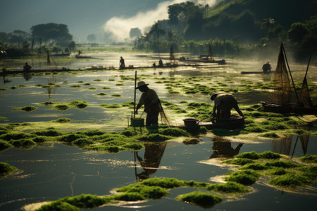 Fishermen cultivate and research shrimp in organic farms, catch shrimp to sell in market,の素材