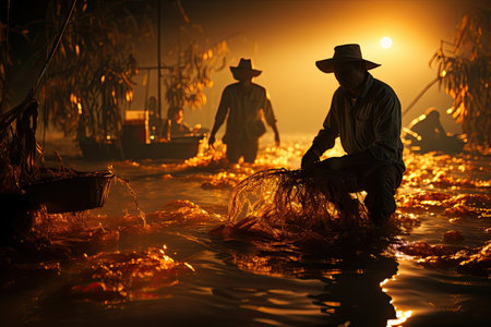 Fishermen raise fish in farms with great joy and catch fish to sell in the market.の素材