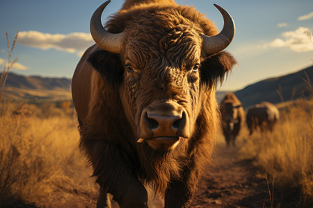 A massive brown bull with curved horns in a dusty corral.の素材