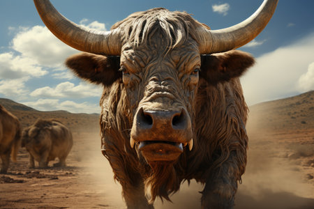 A massive brown bull with curved horns in a dusty corral.の素材