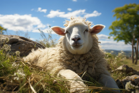 Farmers raise sheep with great joy, in farms, shear sheep to sell in market, farm scene with happy sheepの素材