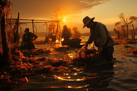 Fishermen cultivate and research shrimp in organic farms, catch shrimp to sell in market,の素材