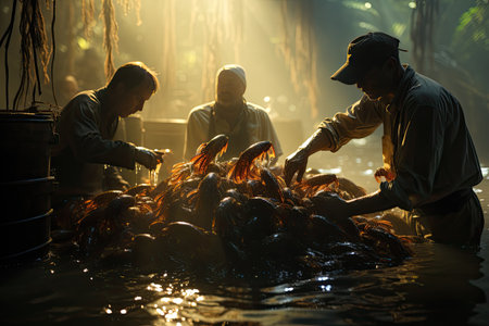 Fishermen cultivate and research shrimp in organic farms, catch shrimp to sell in market,の素材