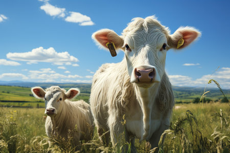 A cowherd raises cows happily farm wide pasture. products from cows for sale meat , milk, cheese, butterの素材