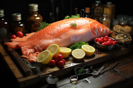 Fishermen cultivate and research salmon in organic farms, catch salmon to sell in market, dishes in restaurants.の素材