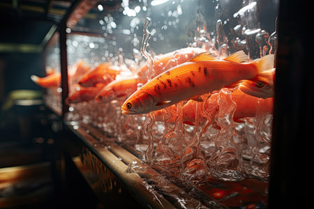 Fishermen cultivate and research salmon in organic farms, catch salmon to sell in market, dishes in restaurants.の素材