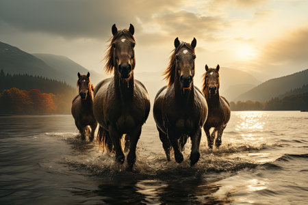 Horses live a life of freedom in wide grassy fields.Generated with AIの素材