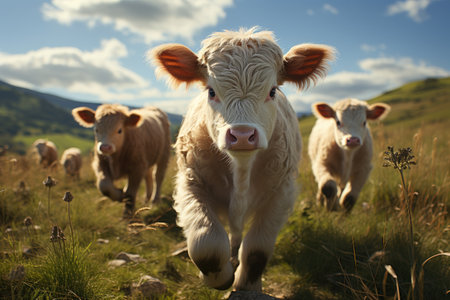 A cowherd raises cows happily farm wide pasture. products from cows for sale meat , milk, cheese, butterの素材