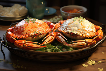 Fishermen cultivate and research crabs in organic farms, catch sell in market, as ingredients in restaurants.の素材