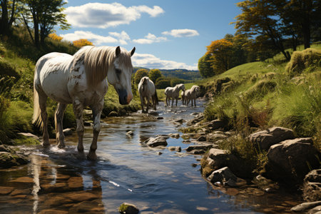 Horses live a life of freedom in wide grassy fields.Generated with AIの素材