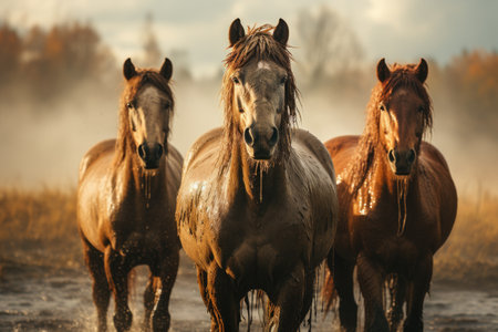 Horses live a life of freedom in wide grassy fields.Generated with AIの素材